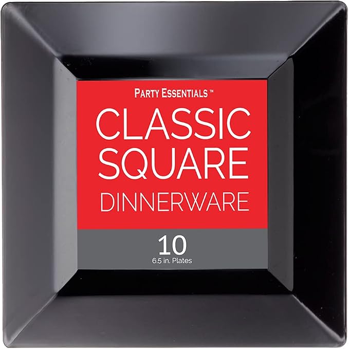 Party Essentials Party Supplies Disposable Classic Square Plastic Plates For Wedding/All Occasions, 6.5", 10-Count, Black