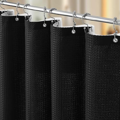 Vipfree 3 in 1 Shower Curtain Set, Waffle Shower Curtain and Liner Set with 12 Double Sided Shower Curtain Hooks, 258GSM Luxury Weighted Cloth Shower Curtains for Bathroom, 72 W x 84 H, Black