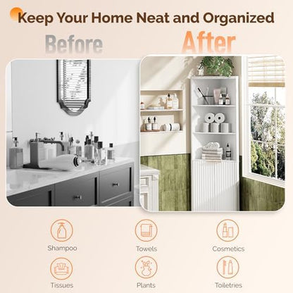 VINGLI Tall Corner Cabinet with Fluted Doors, 68" White Corner Storage Cabinet with Adjustable Shelves, Freestanding Wood Corner Bookshelf for Bathroom, Living Room & Kitchen, Space-Saving