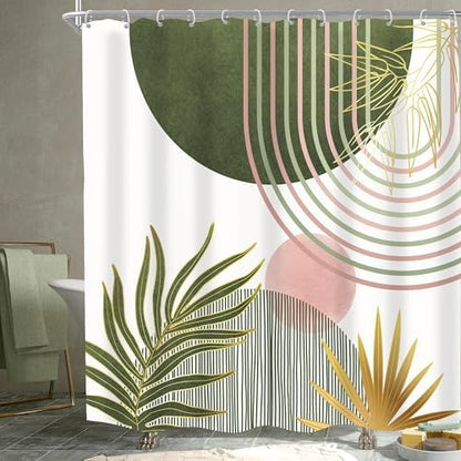 Mid Century Sage Green Pink Boho Abstract Bathroom Shower Curtain Set