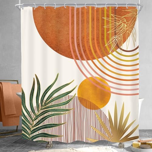 Mid Century Orange Boho Abstract Modern S Bathroom Shower Curtain Set