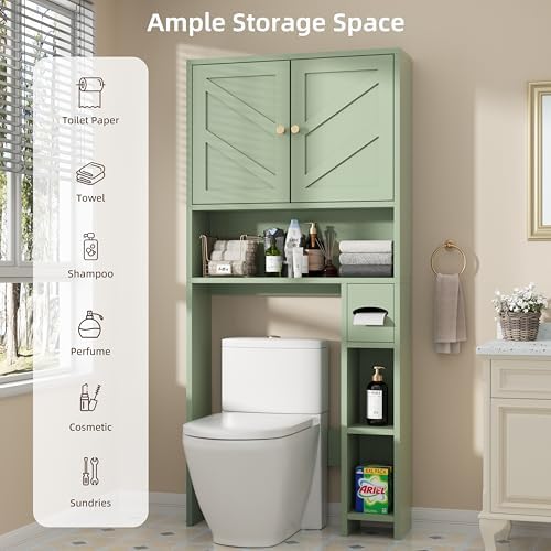Shintenchi Over the Toilet Storage Cabinet, Bathroom Storage Cabient with Barn Doors, Bathroom Storage Shelf Organizer with Toilet Paper Holder, Adjustable Shelf and Anti-Tip Device, Green