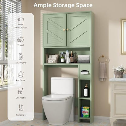 Shintenchi Over the Toilet Storage Cabinet, Bathroom Storage Cabient with Barn Doors, Bathroom Storage Shelf Organizer with Toilet Paper Holder, Adjustable Shelf and Anti-Tip Device, Green