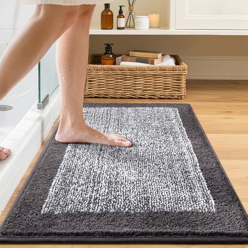 Bathroom Rugs 30x20 Non Slip Washable, Soft Absorbent Bath Mat Grey