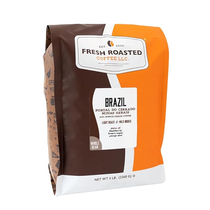 Fresh Roasted Coffee, Brazil Minas Gerais Whole Bean Coffee, Light Roast, Kosher, 5 lb (80 oz)