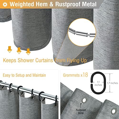 BTTN 108x72 Linen Textured Waterproof Cloth Shower Curtain Set, Grey/Gray