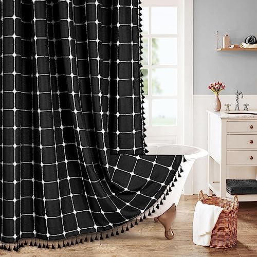 Boho Farmhouse Classic Plaid Linen Tassel Shower Curtain Black,72x78