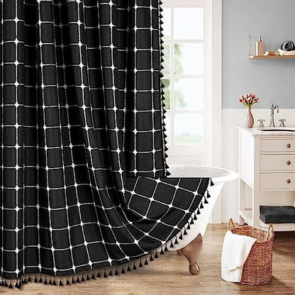 Boho Farmhouse Classic Plaid Linen Tassel Shower Curtain Black,72x78