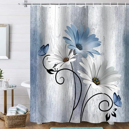Onalasyc 4PCS Blue Daisy Floral Bathroom Sets with Shower Curtain and Rugs