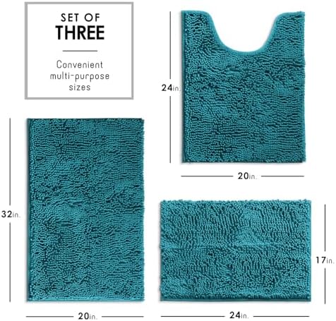 Hearth & Harbor Bathroom Rugs, Chenille Bath Mat - Machine Washable Bath Mats for Bathroom Non-Slip Backing Rubber, Quick Dry - Teal Blue Bath Rug, 17x24-20x32-20x24
