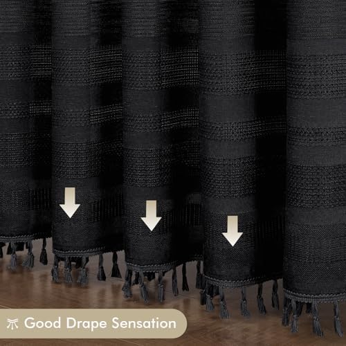 OVZME Extra Long Black Shower Curtain 96 Inch Long, Boho Linen Textured Soft Fabric Heavy Duty Cloth Bathroom Shower Curtain with Tassel, Tall Farmhouse Luxury Bath Decor, 72Wx96L Inches