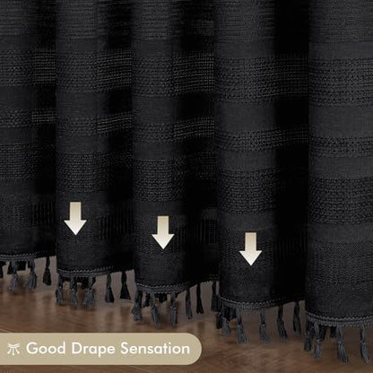OVZME Extra Long Black Shower Curtain 96 Inch Long, Boho Linen Textured Soft Fabric Heavy Duty Cloth Bathroom Shower Curtain with Tassel, Tall Farmhouse Luxury Bath Decor, 72Wx96L Inches