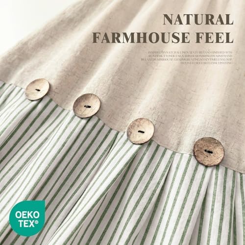 Farmhouse Shower Curtain Linen Button Green Stripe 72" W x 84" L