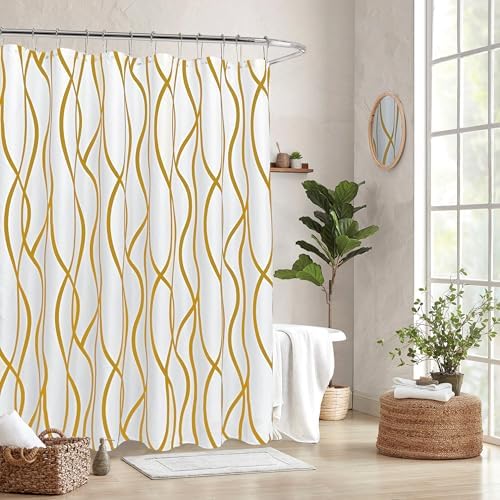 Fabric Modern Extra Long Shower Curtains for Bathroom-Textured Gold & White