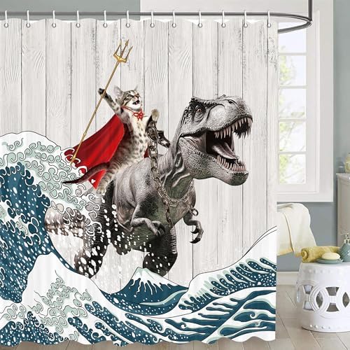 Funny Cat Riding Dinosaur Shower Curtain - Japanese Ocean Wave Design, Nautical Kids Children Rustic Wooden Farmhouse Style, 72X75inch, Brown