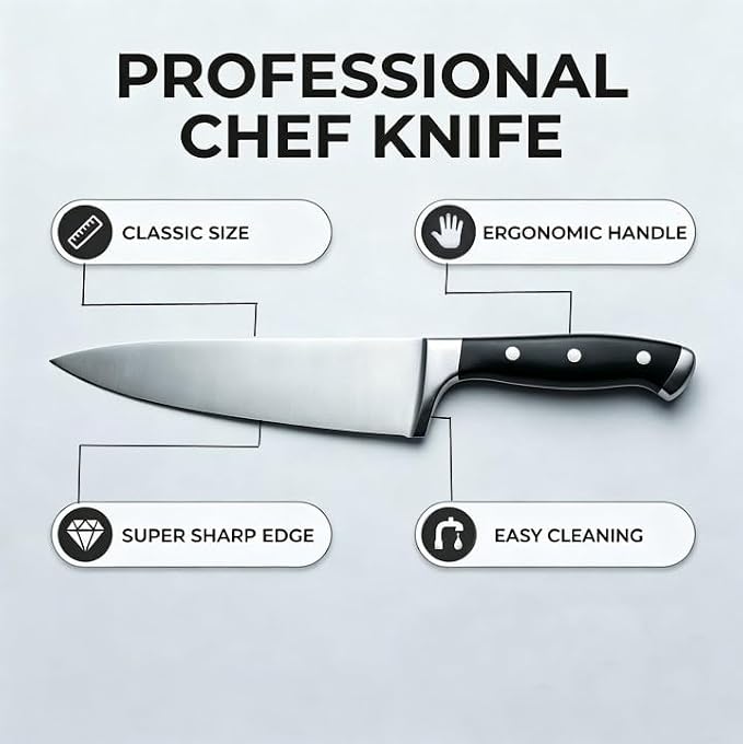 Classic 8 Inch High Carbon Steel Chef Knife, Triple Rivet Kitchen Knives with Ergonomic Handle, Ultra Sharp Cooking Knife for Meat, Vegetable and Fruit