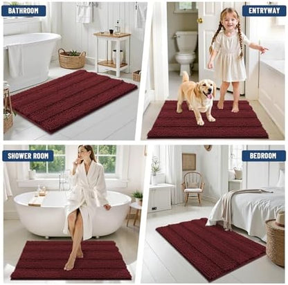 Grandaily Chenille Striped Bathroom Rugs 36x24, Extra Thick and Soft Absorbent Bath Mats, Rubber Backing, Plush Shaggy Shower Carpet, Machine Wash Dry, Bath Rug for Bathroom, Reddish Brown
