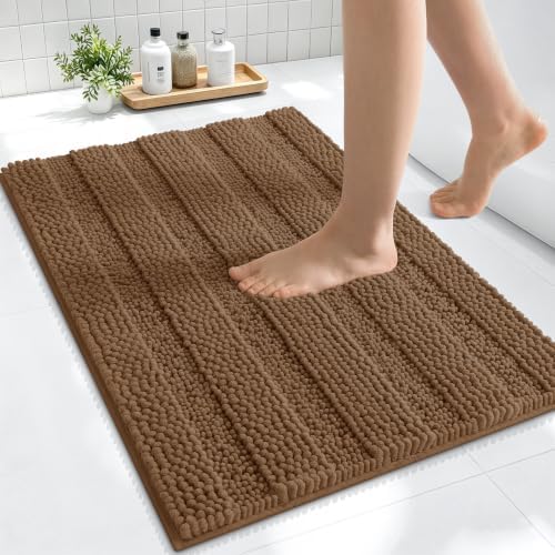 Smiry Thick Small Chenille Bathroom Rugs 24x16, Absorbent Bath Mat, Mocha