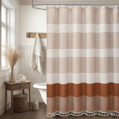 Fall Orange Boho Linen Striped Shower Curtain with Tassel 72"W X 72"L