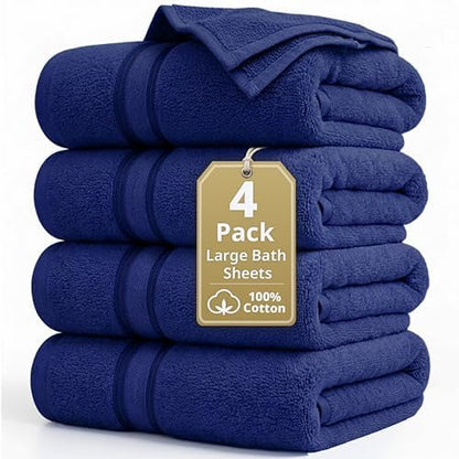 LANE LINEN Bath Sheet Set Absorbent Quick Dry 100% Cotton 4 Pack - Navy