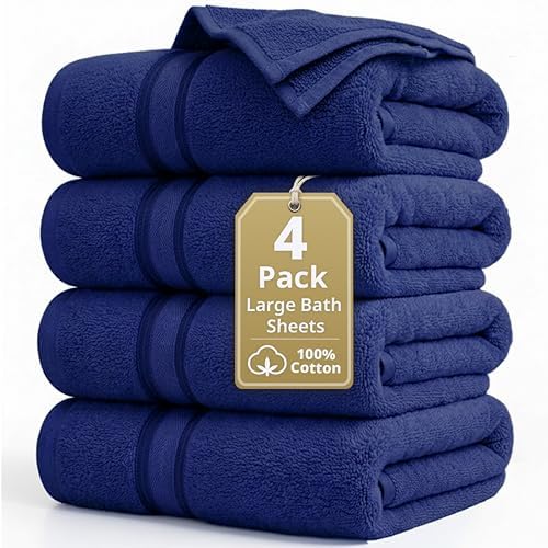 LANE LINEN Bath Sheet Set Absorbent Quick Dry 100% Cotton 4 Pack - Navy