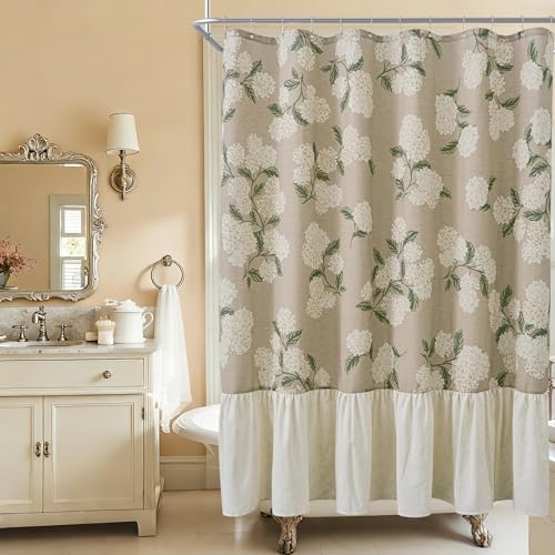 ORTIGIA Linen Textured Ruffle Shower Curtain with Metal Hooks, Off-White Cream Floral Hydrangea Waterproof Bath Curtain for Rustic Farmhouse Bathroom Decor 72x72 Inch