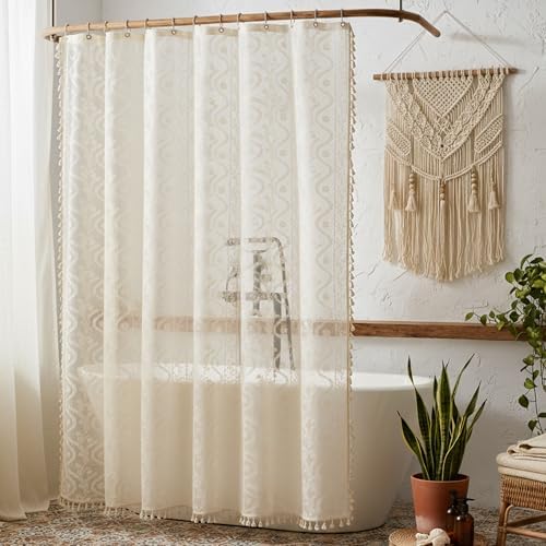 WAZZIO Vintage Lace Shower Curtain for Bathroom 72" W x 84" L, Victorian Farmhouse Floral Pattern Tassel Fancy Shower Curtain Boho Washable Cloth Decorative Bath Curtains,1 Panel
