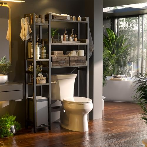 Besiost Over The Toilet Storage, 7 Tier Bathroom Organizer with Reversible Side Shelf and 2 Fabric Drawers, Adjustable Freestanding Rack Space Saver for Small Spaces, Grey Oak