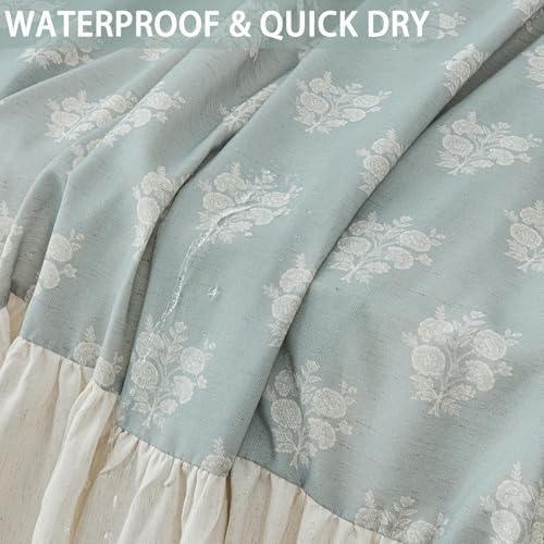 ORTIGIA Linen Textured Ruffle Shower Curtain with Metal Hooks, Blue Vintage Block Print Floral Boho Waterproof Bath Curtain for Rustic Farmhouse Bathroom Decor 72x72 Inch