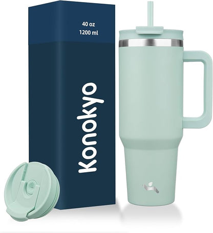 Konokyo 40 oz Tumbler with Handle and 2 Straws,2 in 1 Lid Insulated Water Bottle Stainless Steel Travel Coffee Mug,Retro Green