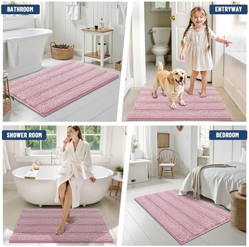 Grandaily Chenille Striped Bathroom Rugs 44x24, Extra Thick and Soft Absorbent Bath Mats, Rubber Backing, Plush Shaggy Shower Carpet, Machine Wash Dry, Bath Rug for Bathroom, Dusty Rose