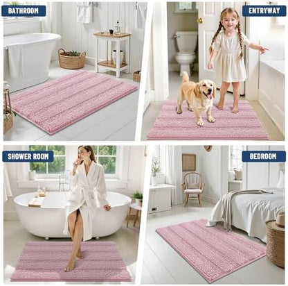 Grandaily Chenille Striped Bathroom Rugs 36x24, Extra Thick and Soft Absorbent Bath Mats, Rubber Backing, Plush Shaggy Shower Carpet, Machine Wash Dry, Bath Rug for Bathroom, Dusty Rose