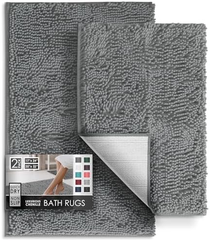 Hearth & Harbor Bathroom Rugs, Chenille Bath Mat - Machine Washable Bath Mats for Bathroom Non-Slip Backing Rubber, Quick Dry Bathroom Mat, 17 x 24 + 20 x 32 - Frost Grey