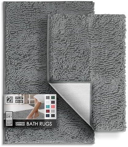 Hearth & Harbor Bathroom Rugs, Chenille Bath Mat - Machine Washable Bath Mats for Bathroom Non-Slip Backing Rubber, Quick Dry Bathroom Mat, 17 x 24 + 20 x 32 - Frost Grey