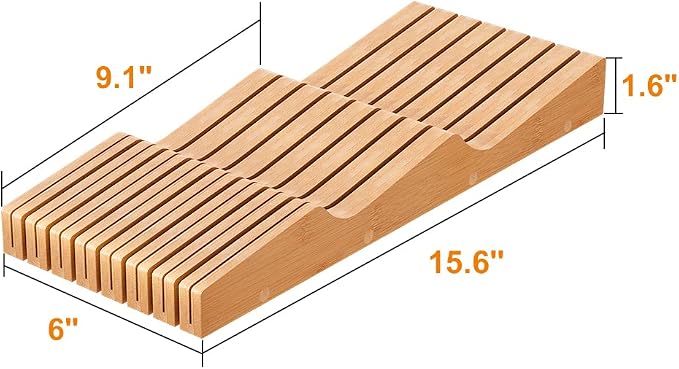In-Drawer Knife Block Organizer - Bamboo Wood Drawer Knife Organizer-Protecting Knife Organizer Block (Not Included) (Natural, 15 Knives Dock)