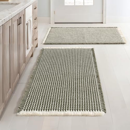 MIULEE Set of 2 Waffle Bathroom Rugs Boho Bath Mat Green&Cream 18x30 Inch