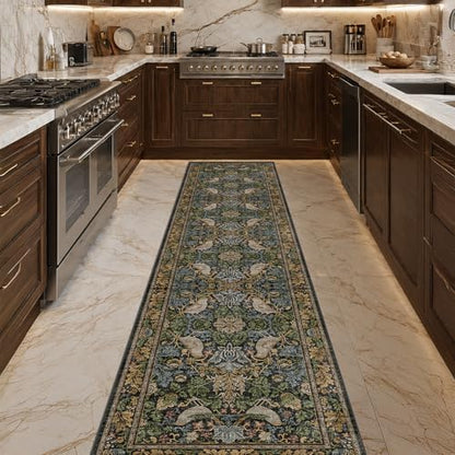 8ft Long Floral Kitchen Runners - 2x8 Runner Rug for Hallway Bathroom Laundry Room Bedroom Beside Bed Entryway, Boho Birds Leaves Patterned Non Slip Low Pile Washable Rugs
