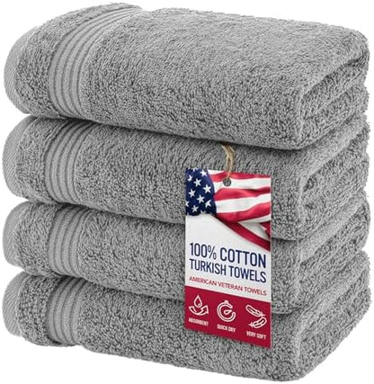 American Veteran Towel, Hand Towels for Bathroom Set of 4, 100% Cotton Turkish Hand Towel Sets, Soft Hand Face Towels, Light Grey Hand Towels