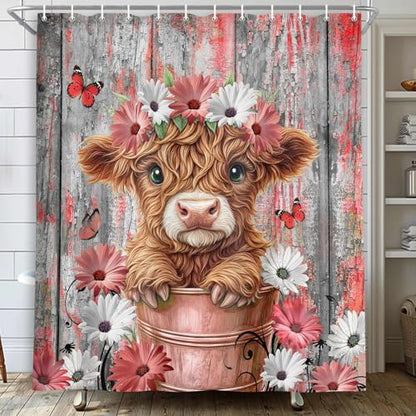 Funny Highland Cow Shower Curtain for Bathroom, Western Rustic Wood Farmhouse Bull Pink Floral Butterfly Country Flower Plant Art Printed Fabric Polyester Waterproof 12 Pack Plastic Hooks 70X70in