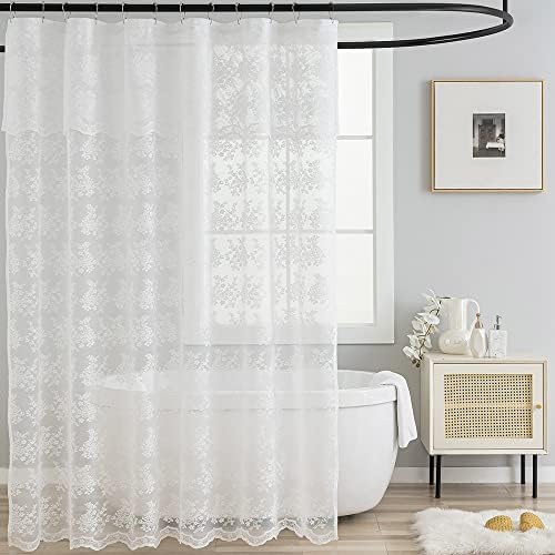 TUDECO White Lace Shower Curtain with Attached Valance 72 x 72 Inch