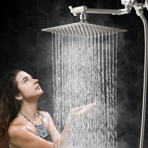 G-Promise All Metal 10" Dual Square Shower Head Combo | Rain Shower Head | Handheld Shower Wand | Adjustable | 3-Way Diverter | 71" Extra Long Hose - A Bathroom Upgrade(Brushed Nickel)