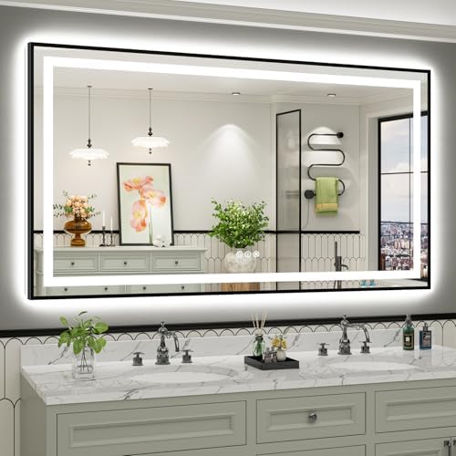 72x40 Inch LED Bathroom Mirror with Black Frame, Backlit & Front Lit