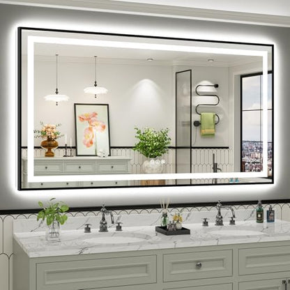 72x40 Inch LED Bathroom Mirror with Black Frame, Backlit & Front Lit