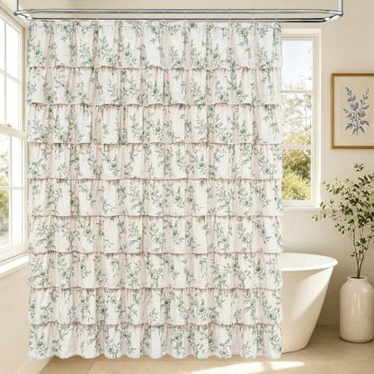 Yinhua Long Farmhouse Ruffle Shower Curtains with Green Floral, 72" Wx78 L