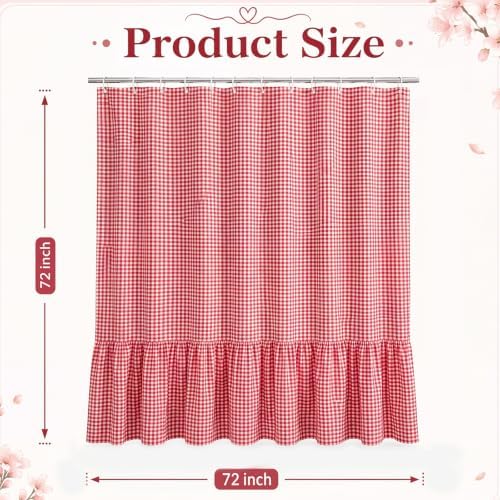 HunnmingRe Ruffle Hem Gingham Shower Curtain Red