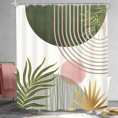 Mid Century Sage Green Pink Boho Abstract Bathroom Shower Curtain Set