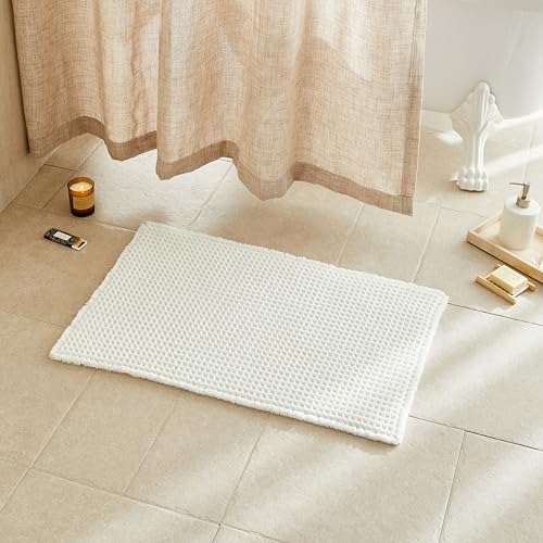 TYUU Cream White Waffle Bath Mat, Small Boho Bathroom Rugs Non Slip 24x16