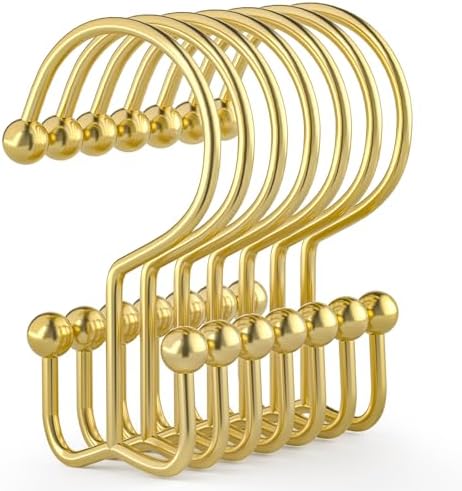 Goowin Shower Curtain Hooks, 12 Pcs Shower Curtain Rings, Durable Gold Shower Curtain Hooks, Double Glide Shower Curtain Rings Rust Proof, Simple Shower Hooks for Shower Curtain & Liner, Gold