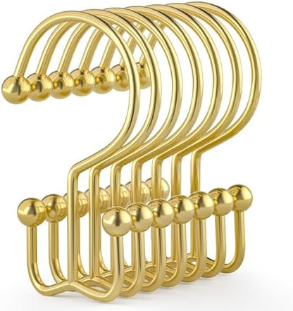 Goowin Shower Curtain Hooks, 12 Pcs Shower Curtain Rings, Durable Gold Shower Curtain Hooks, Double Glide Shower Curtain Rings Rust Proof, Simple Shower Hooks for Shower Curtain & Liner, Gold