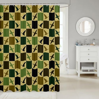 Duck Hunter Shower Curtain for Bathroom Decor Mallard Duck Bath Curtain Bathtubs Checkered Geometric Bathroom Accessories Hunting Vintage Brown Green Waterproof Polyester Fabric with 12 Hooks 72"x72"